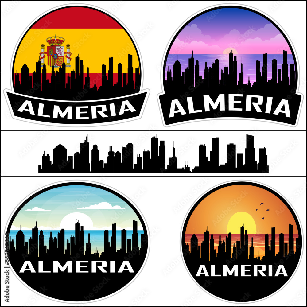 Almeria Skyline Silhouette Spain Flag Travel Souvenir Sticker Sunset Background Vector Illustration SVG EPS AI