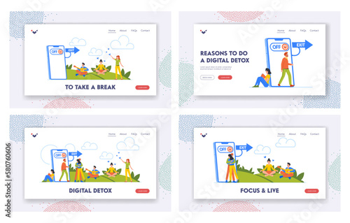 Digital Detox Landing Page Template Set. Business People Exit From Mobile Phone To Nature Putting Aside Technology