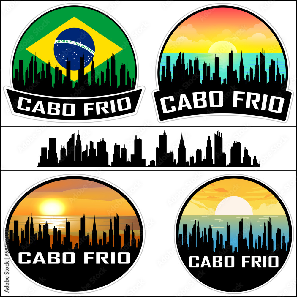 Cabo Frio Skyline Silhouette Brazil Flag Travel Souvenir Sticker Sunset Background Vector Illustration SVG EPS AI