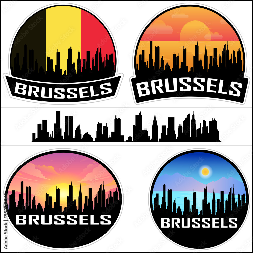 Brussels Skyline Silhouette Belgium Flag Travel Souvenir Sticker Sunset Background Vector Illustration SVG EPS AI