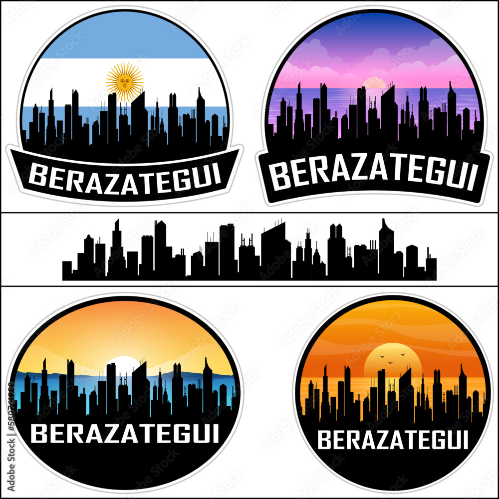 Berazategui Skyline Silhouette Argentina Flag Travel Souvenir Sticker Sunset Background Vector Illustration SVG EPS AI