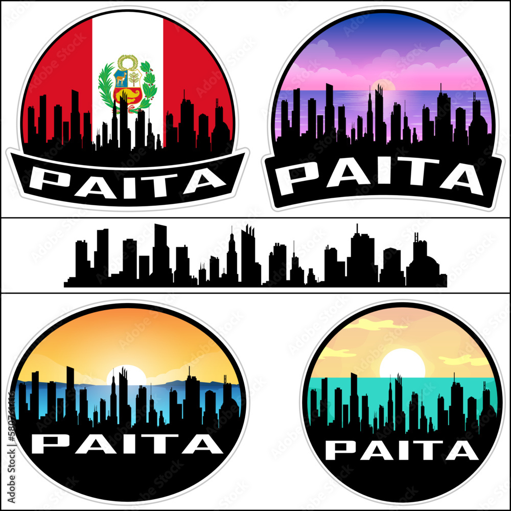Paita Skyline Silhouette Peru Flag Travel Souvenir Sticker Sunset Background Vector Illustration SVG EPS AI