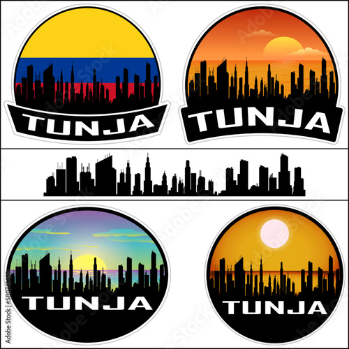 Tunja Skyline Silhouette Colombia Flag Travel Souvenir Sticker Sunset Background Vector Illustration SVG EPS AI photo