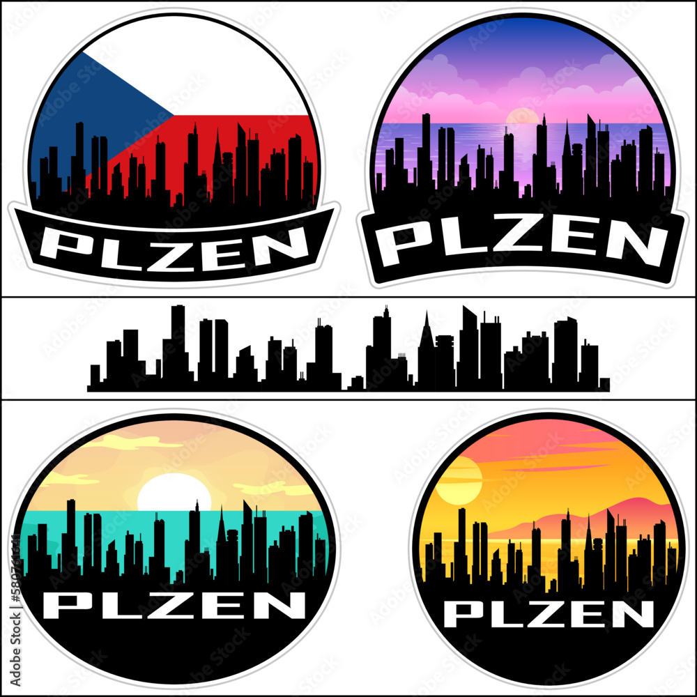 Plzen Skyline Silhouette Czech Flag Travel Souvenir Sticker Sunset Background Vector Illustration SVG EPS AI