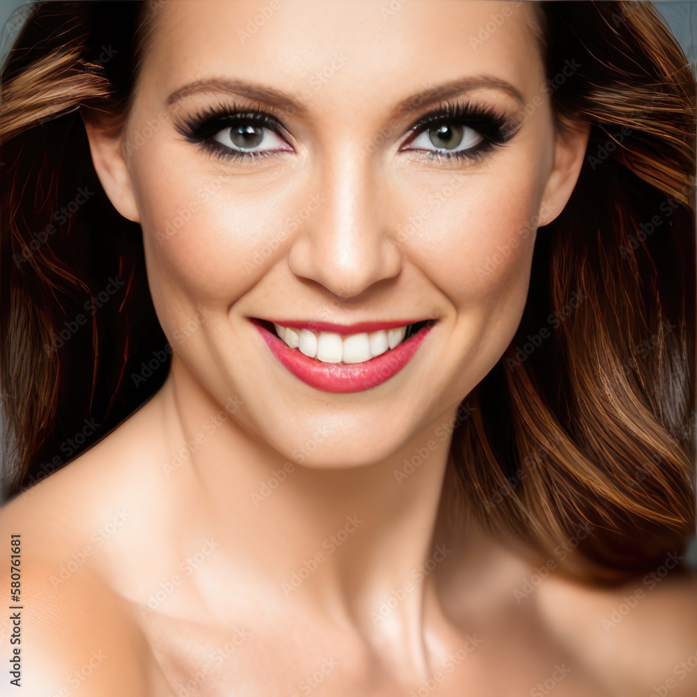 Portrait of a smiling young woman. Brunette long hair natural makeup face close up. Generative AI Portrait of a smiling young woman. Brunette long hair natural makeup face close up. Generative AI