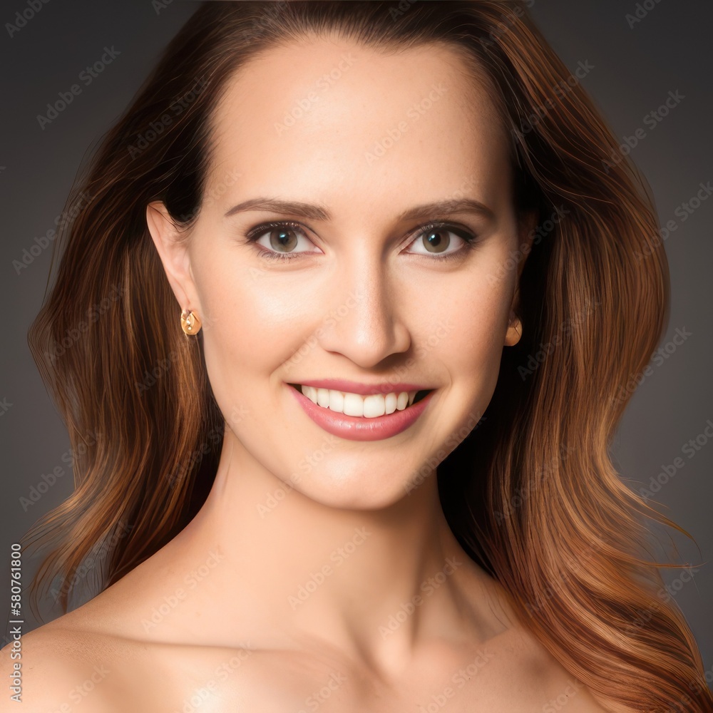 Portrait of a smiling young woman. Brunette long hair natural makeup face close up. Generative AI Portrait of a smiling young woman. Brunette long hair natural makeup face close up. Generative AI
