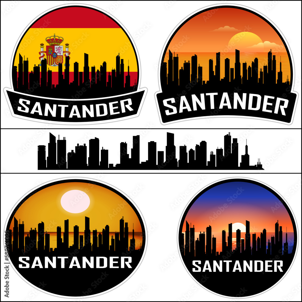 Santander Skyline Silhouette Spain Flag Travel Souvenir Sticker Sunset Background Vector Illustration SVG EPS AI