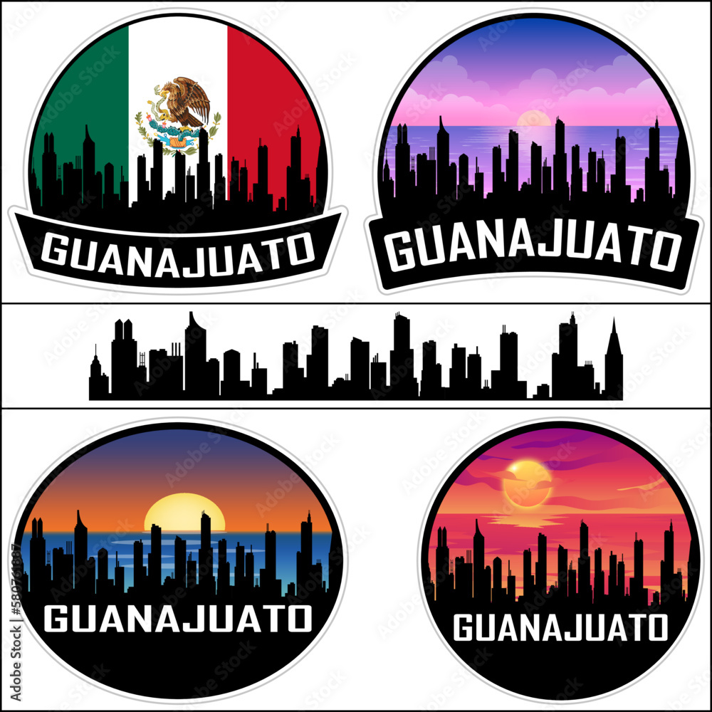 Guanajuato Skyline Silhouette Mexico Flag Travel Souvenir Sticker Sunset Background Vector Illustration SVG EPS AI