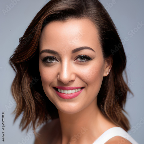 Portrait of a smiling young woman. Brunette long hair natural makeup face close up. Generative AI