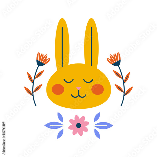 Folk style bunny muzzle and flowers. Modern minimalist spring vector design