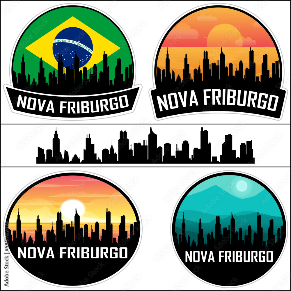 Nova Friburgo Skyline Silhouette Brazil Flag Travel Souvenir Sticker Sunset Background Vector Illustration SVG EPS AI