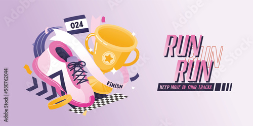Sneakers, Running Shoes And Golden Trophy For Finisher, Vector, Illustration