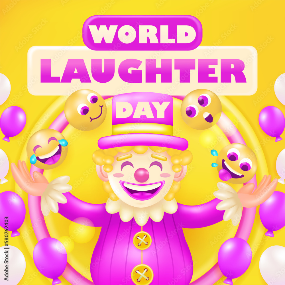 World laughter day. 3d vector clown with balloon ornament and happy emoticon World laughter day. 3d vector clown with balloon ornament and happy emoticon