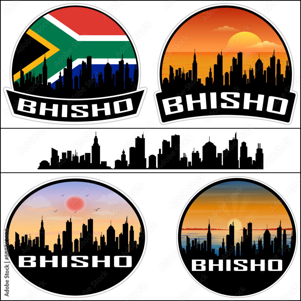 Bhisho Skyline Silhouette South Africa Flag Travel Souvenir Sticker Sunset Background Vector Illustration SVG EPS AI