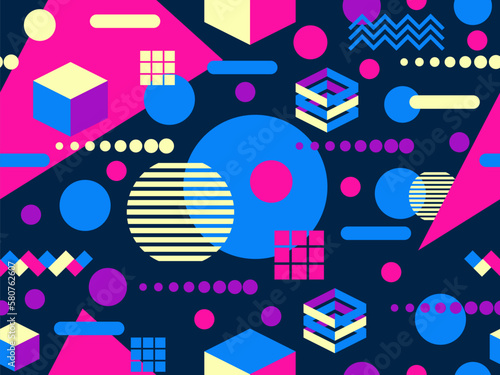 Seamless geometric pattern in 80s memphis style. Colorful geometric shapes. Design of promotional products  wrapping paper and printing. Vector illustration