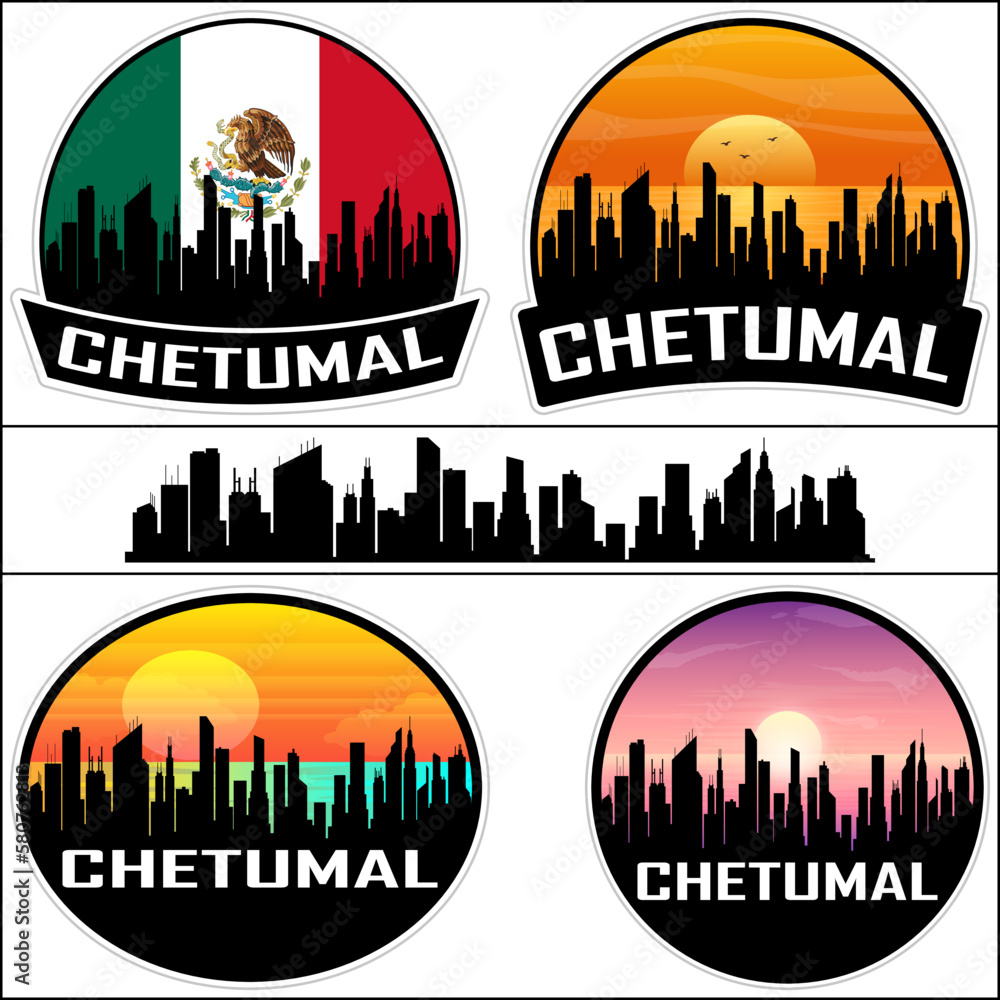 Chetumal Skyline Silhouette Mexico Flag Travel Souvenir Sticker Sunset Background Vector Illustration SVG EPS AI
