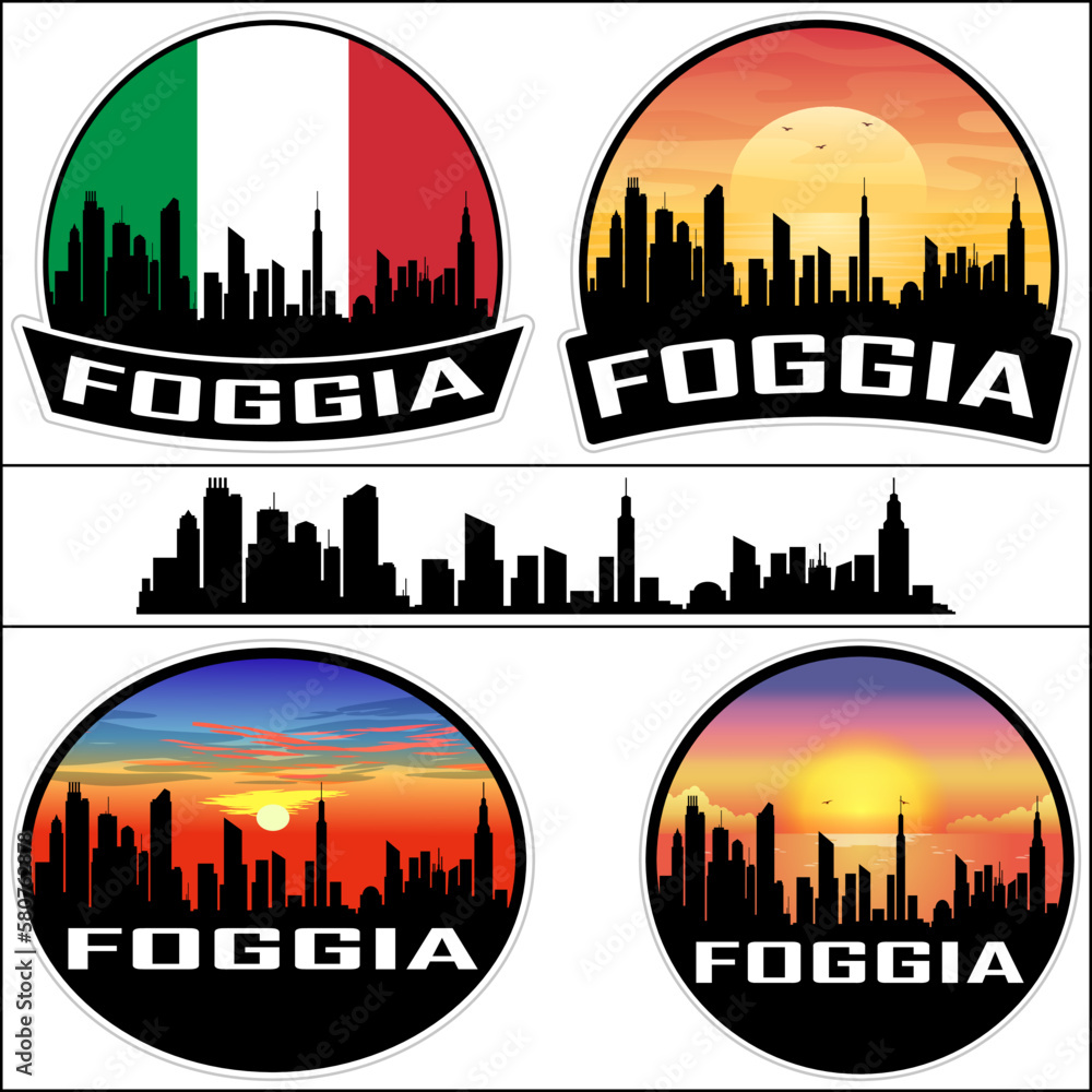 Foggia Skyline Silhouette Italy Flag Travel Souvenir Sticker Sunset Background Vector Illustration SVG EPS AI