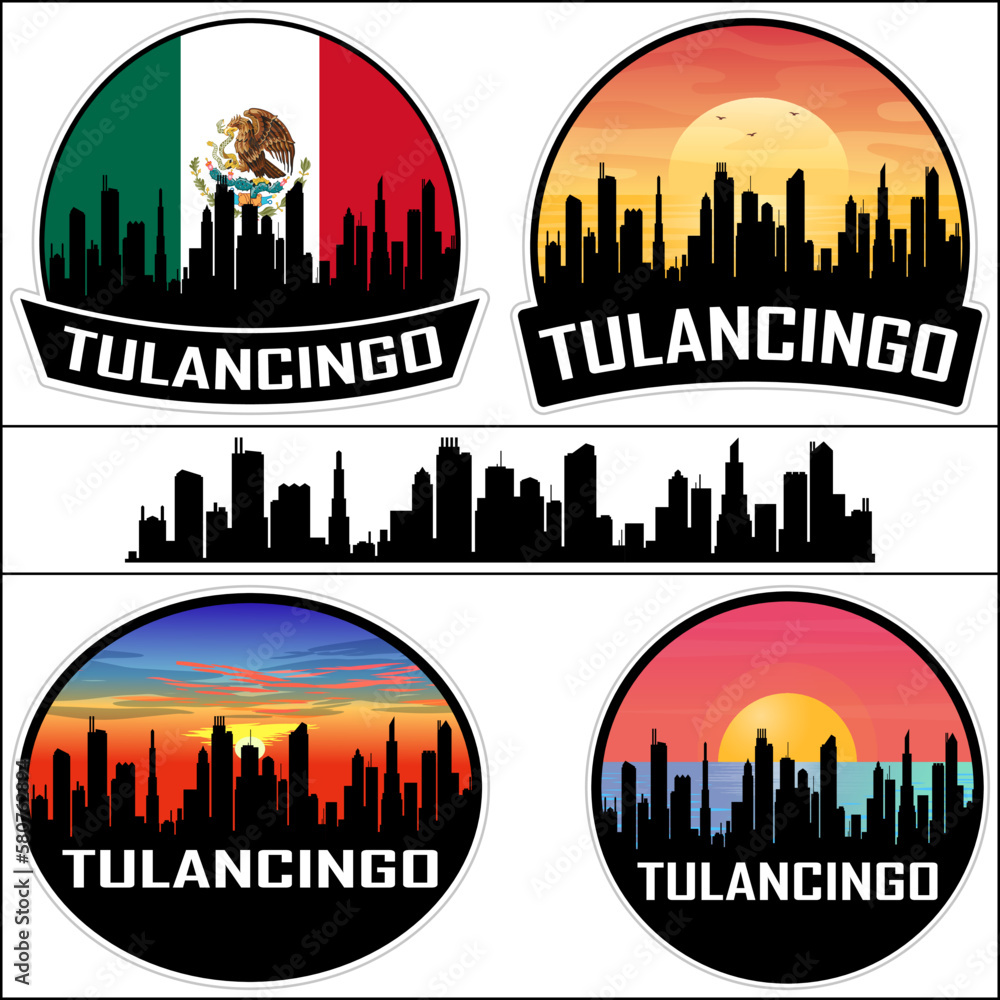Tulancingo Skyline Silhouette Mexico Flag Travel Souvenir Sticker Sunset Background Vector Illustration SVG EPS AI