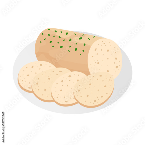 Delicious knedlik potato dumpling isolated on white background. Czech cuisine dish on a plate in a flat style.