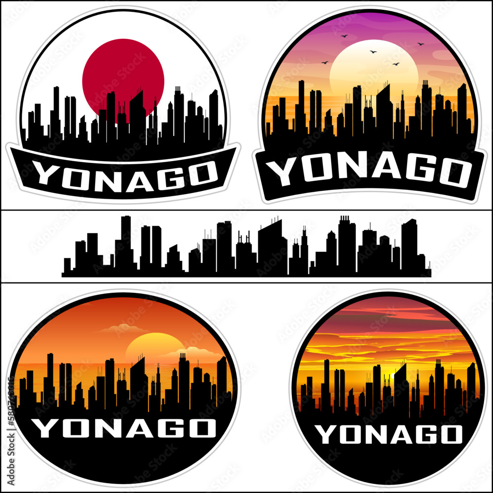 Yonago Skyline Silhouette Japan Flag Travel Souvenir Sticker Sunset Background Vector Illustration SVG EPS AI
