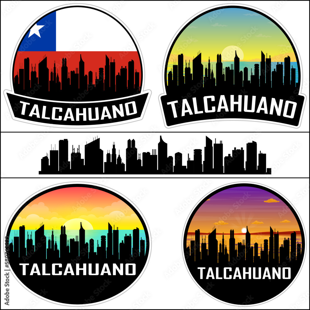 Talcahuano Skyline Silhouette Chile Flag Travel Souvenir Sticker Sunset Background Vector Illustration SVG EPS AI