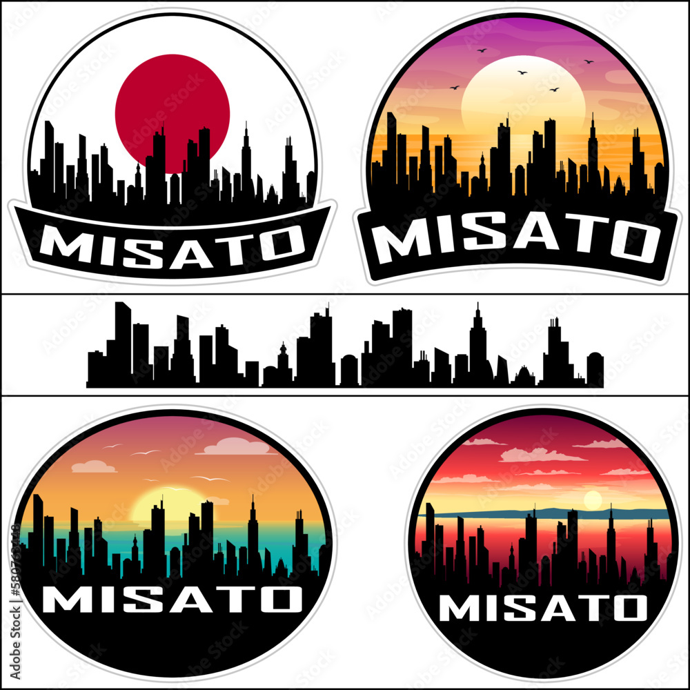 Misato Skyline Silhouette Japan Flag Travel Souvenir Sticker Sunset Background Vector Illustration SVG EPS AI