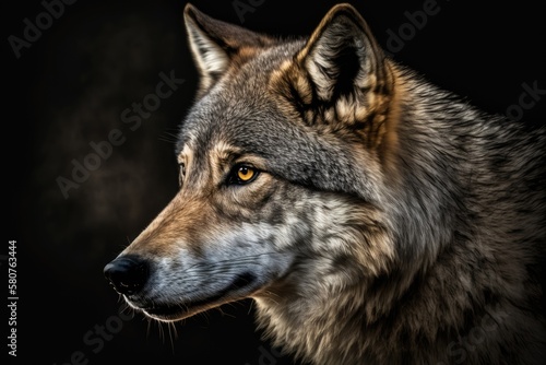 Close up picture of a gray wolf in Europe on a dark background. Generative AI