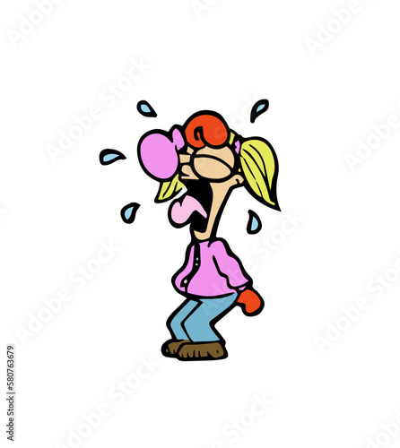 Cute blond hair little girl character standing crying loud and sad wearing winter clothes. Colorful cartoon style vector illustration isolated on white background.