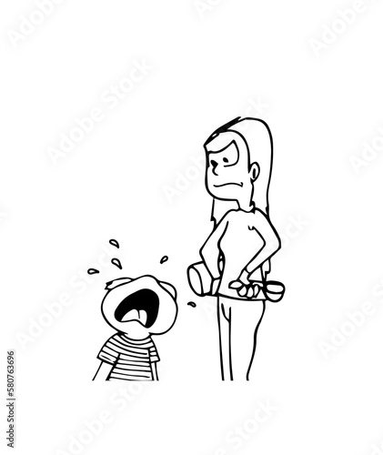 Cute sad little boy character crying loud while his mother look at him very angry. Sketch hand drawn black and white cartoon style vector illustration isolated on white background.