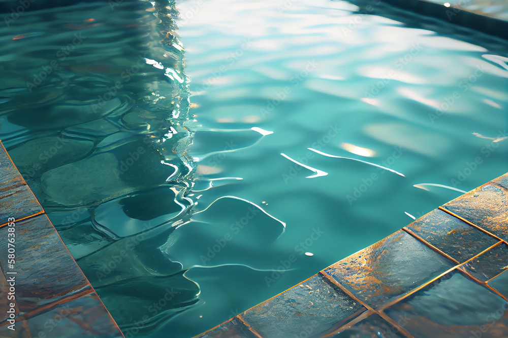Swimming pool background transparent blue colored clear calm water surface texture with splashes and bubbles. Water waves in sunlight with copy space. Generative ai