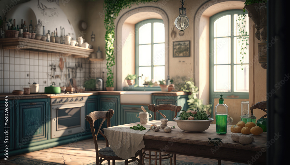 Mediterranean style kitchen interior design illustration created using generative AI.