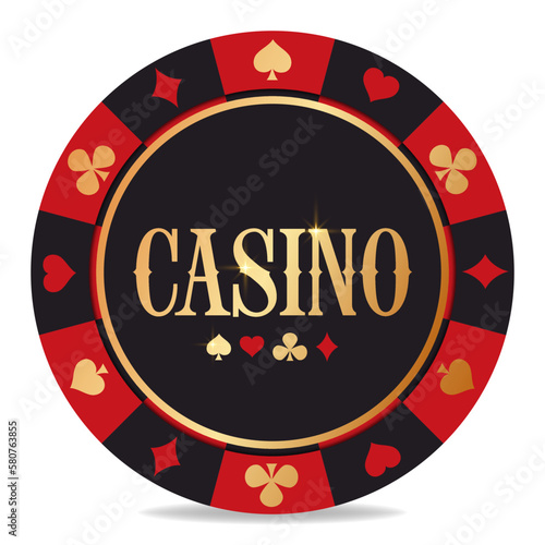 Gambling chip with golden poker balckjack baccarat. Flat design for online casinos and mobile gambling applications, poker - winner, wealth concept.
