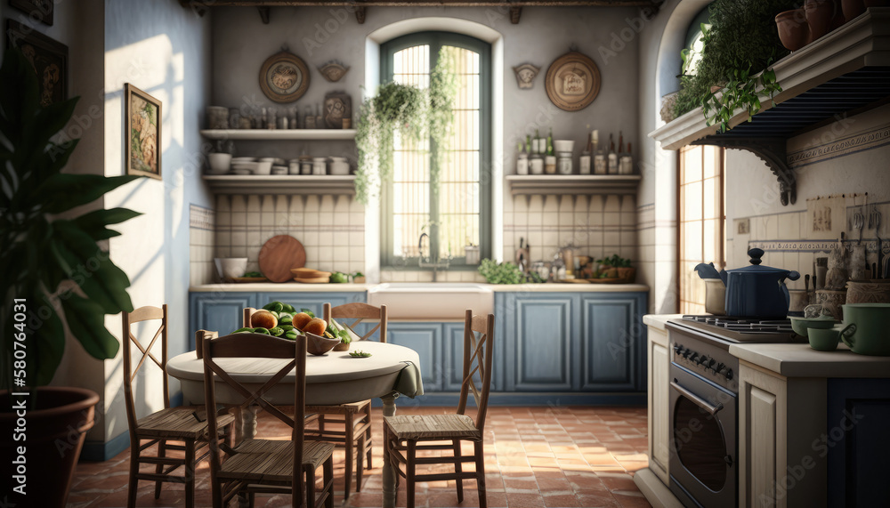 Mediterranean style kitchen interior design illustration created using generative AI.