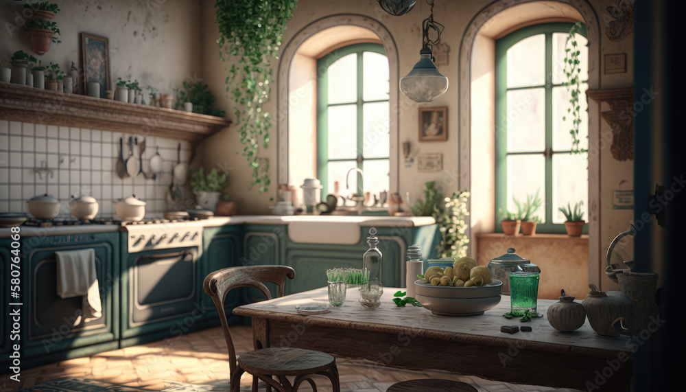 Fototapeta premium Mediterranean style kitchen interior design illustration created using generative AI.