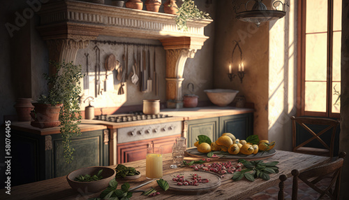Wallpaper Mural Mediterranean style kitchen interior design illustration created using generative AI. Torontodigital.ca