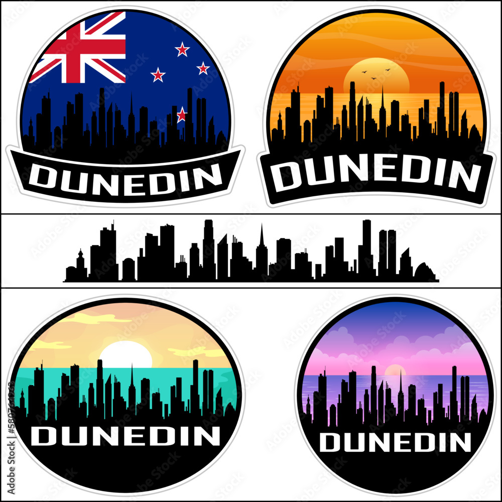 Dunedin Skyline Silhouette New Zealand Flag Travel Souvenir Sticker Sunset Background Vector Illustration SVG EPS AI