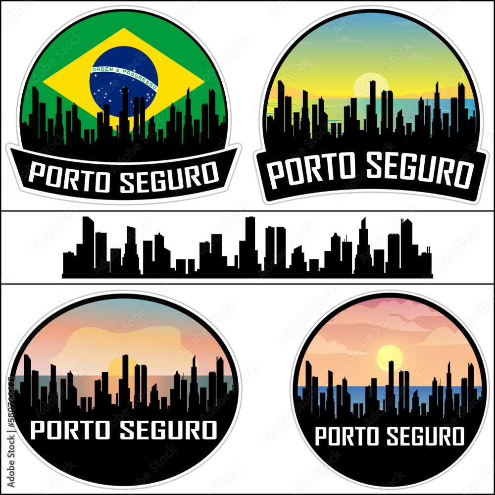 Porto Seguro Skyline Silhouette Brazil Flag Travel Souvenir Sticker Sunset Background Vector Illustration SVG EPS AI