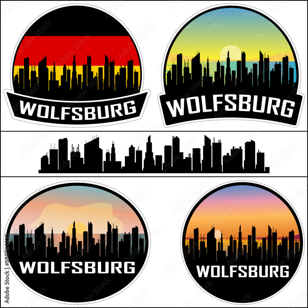 Wolfsburg Skyline Silhouette Germany Flag Travel Souvenir Sticker Sunset Background Vector Illustration SVG EPS AI