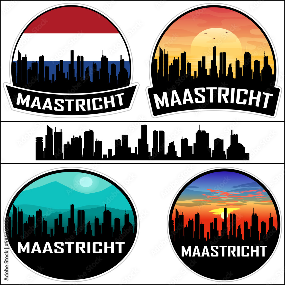 Maastricht Skyline Silhouette Netherlands Flag Travel Souvenir Sticker Sunset Background Vector Illustration SVG EPS AI