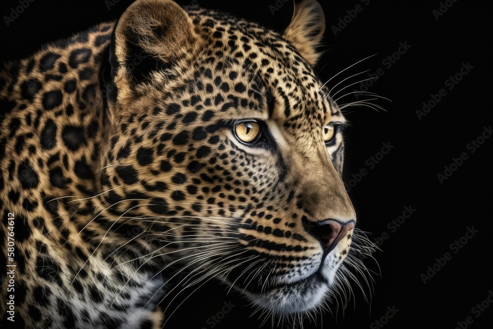 Fototapeta premium Close up view Leopard. Animal in the wild, set against a black background. Generative AI