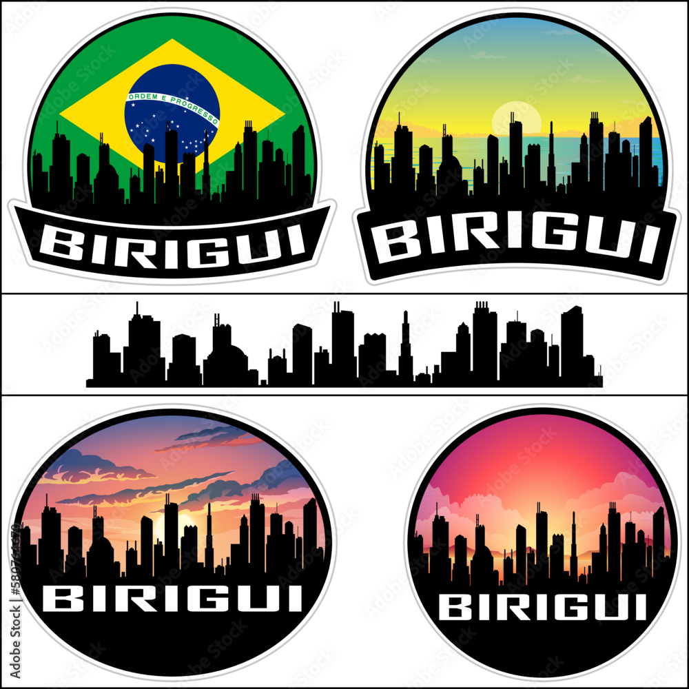 Birigui Skyline Silhouette Brazil Flag Travel Souvenir Sticker Sunset Background Vector Illustration SVG EPS AI