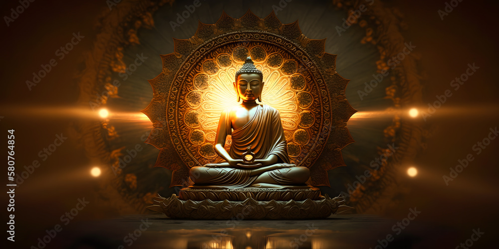 Buddha statue transcendental spiritual meditation with aura, banner yellow light. Generation AI - obrazy, fototapety, plakaty 