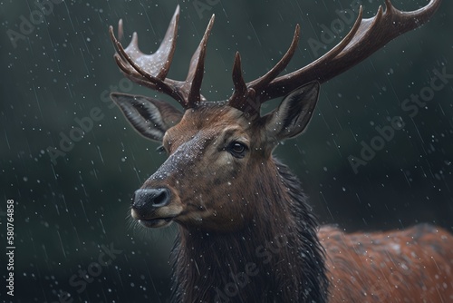 Animal portrait of a deer in a rainstorm. Generative AI