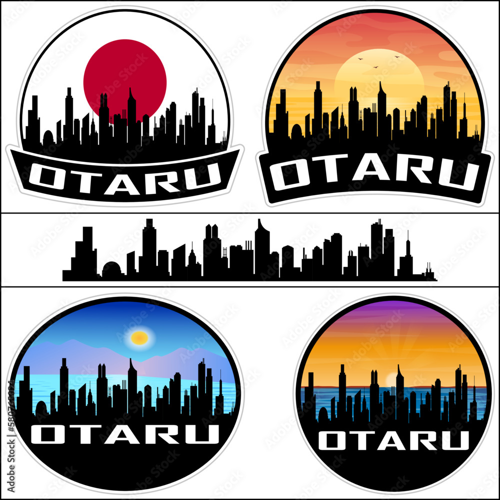 Otaru Skyline Silhouette Japan Flag Travel Souvenir Sticker Sunset Background Vector Illustration SVG EPS AI