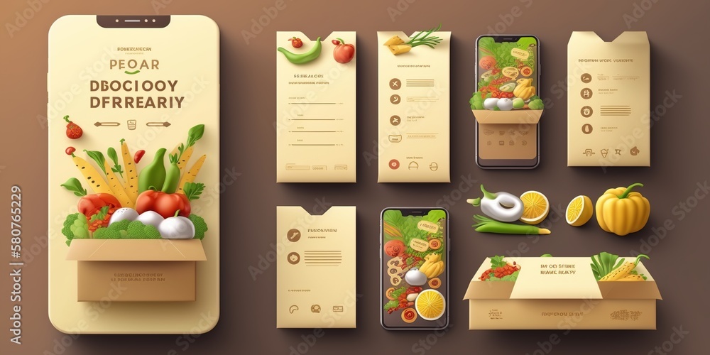 Food delivery mobile app kit template Material Design, UI, UX and GUI Screens. Login, Find Stores, delivery option - obrazy, fototapety, plakaty 
