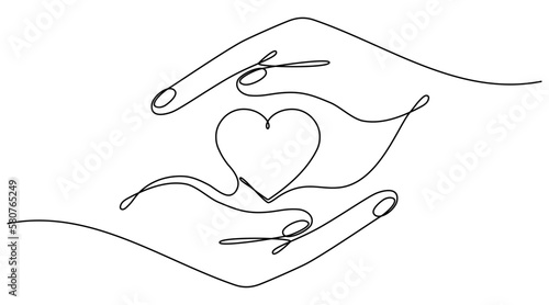 Hands holding heart continuous one line art drawing. Charity donation linear symbol. Vector illustration isolated on white.	