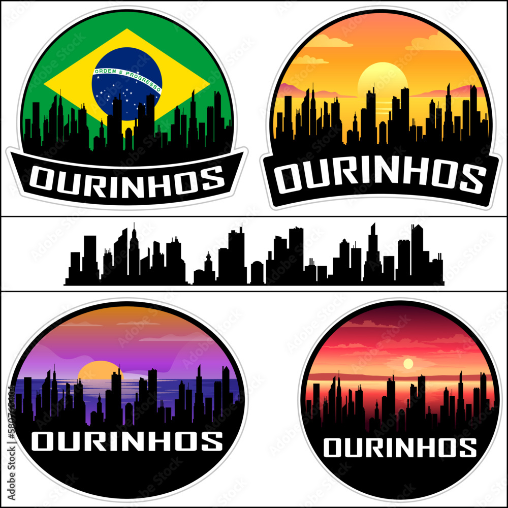Ourinhos Skyline Silhouette Brazil Flag Travel Souvenir Sticker Sunset Background Vector Illustration SVG EPS AI