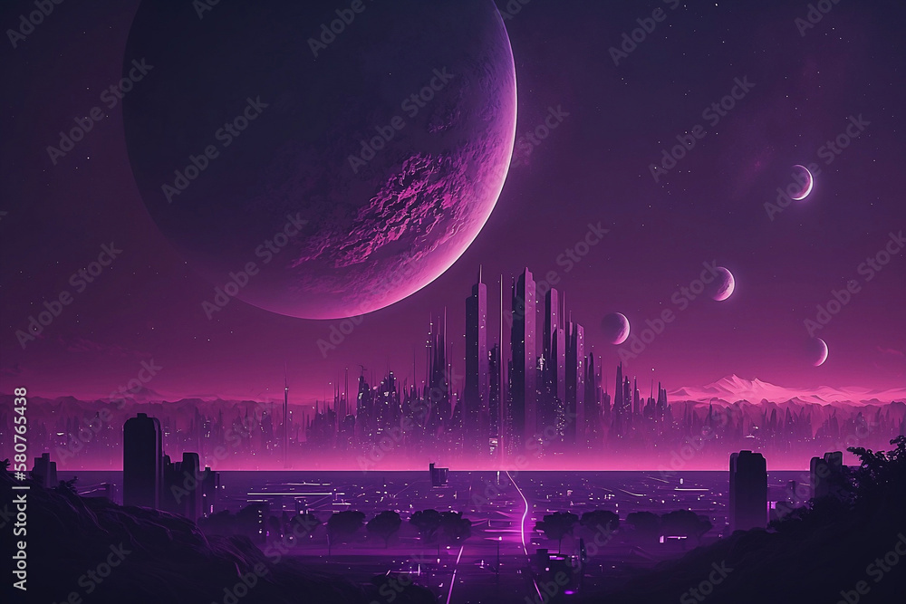 A magenta city with a full moon over the mountains. Generative AI. 