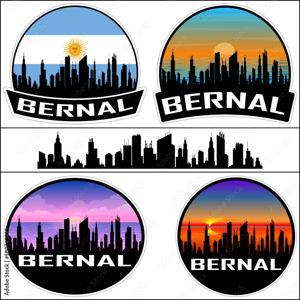 Bernal Skyline Silhouette Argentina Flag Travel Souvenir Sticker Sunset Background Vector Illustration SVG EPS AI