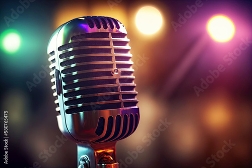 Retro style microphone on a stage with bokeh lights in background. generative ai. Microphone